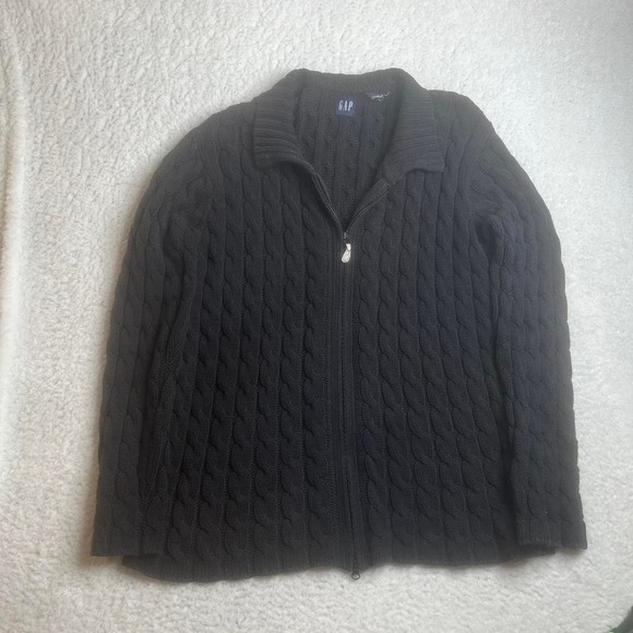 Vintage gap men's black‎ full zip cable knit sweater preppy heavy winter warm xl